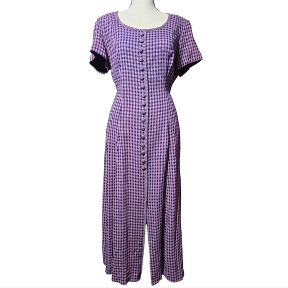 Vintage Purple and Black Checkered Cottagecore buttondown Women's dress - Picture 1 of 8